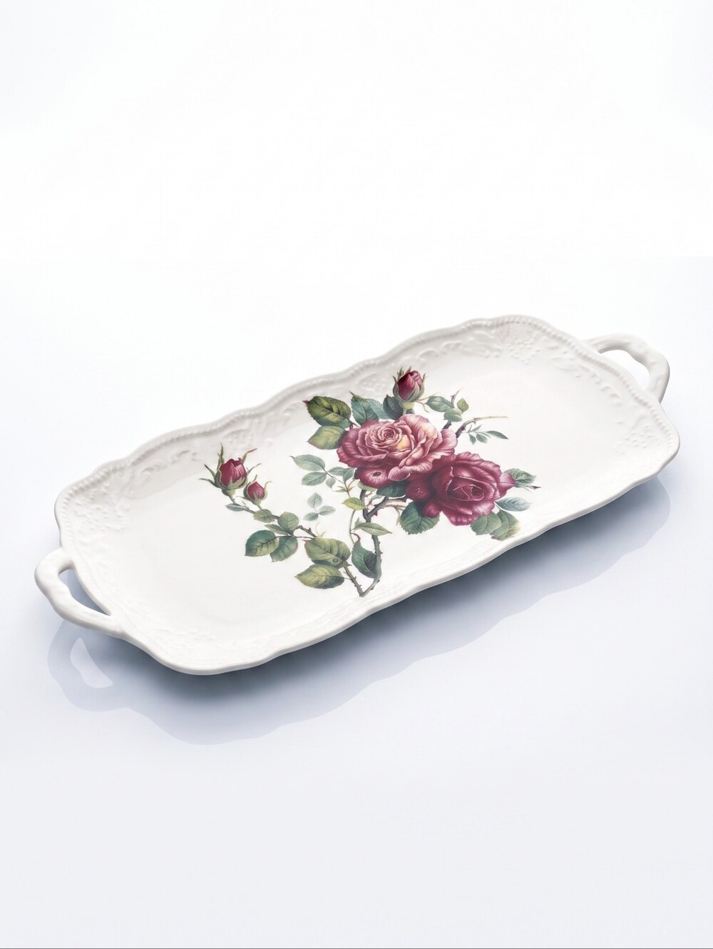 Vintage Godinger White Ceramic Tray with Pink Rose and Green Leaves
